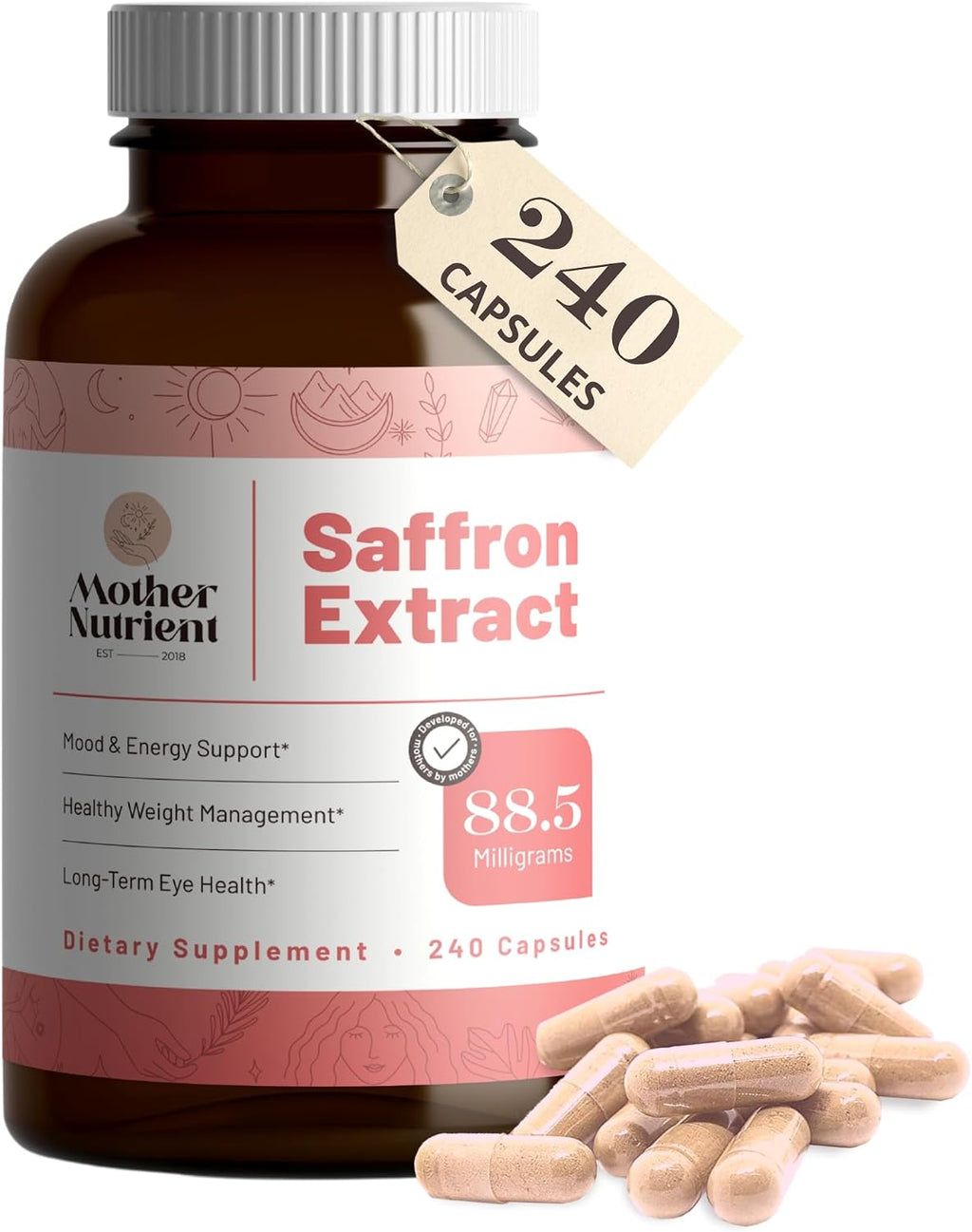 Suplemento de Extracto de Azafrán Puro Mother Nutrient, 88.5 mg por Cápsula, 240 Cápsulas Veganas, 7 Meses de Suministro