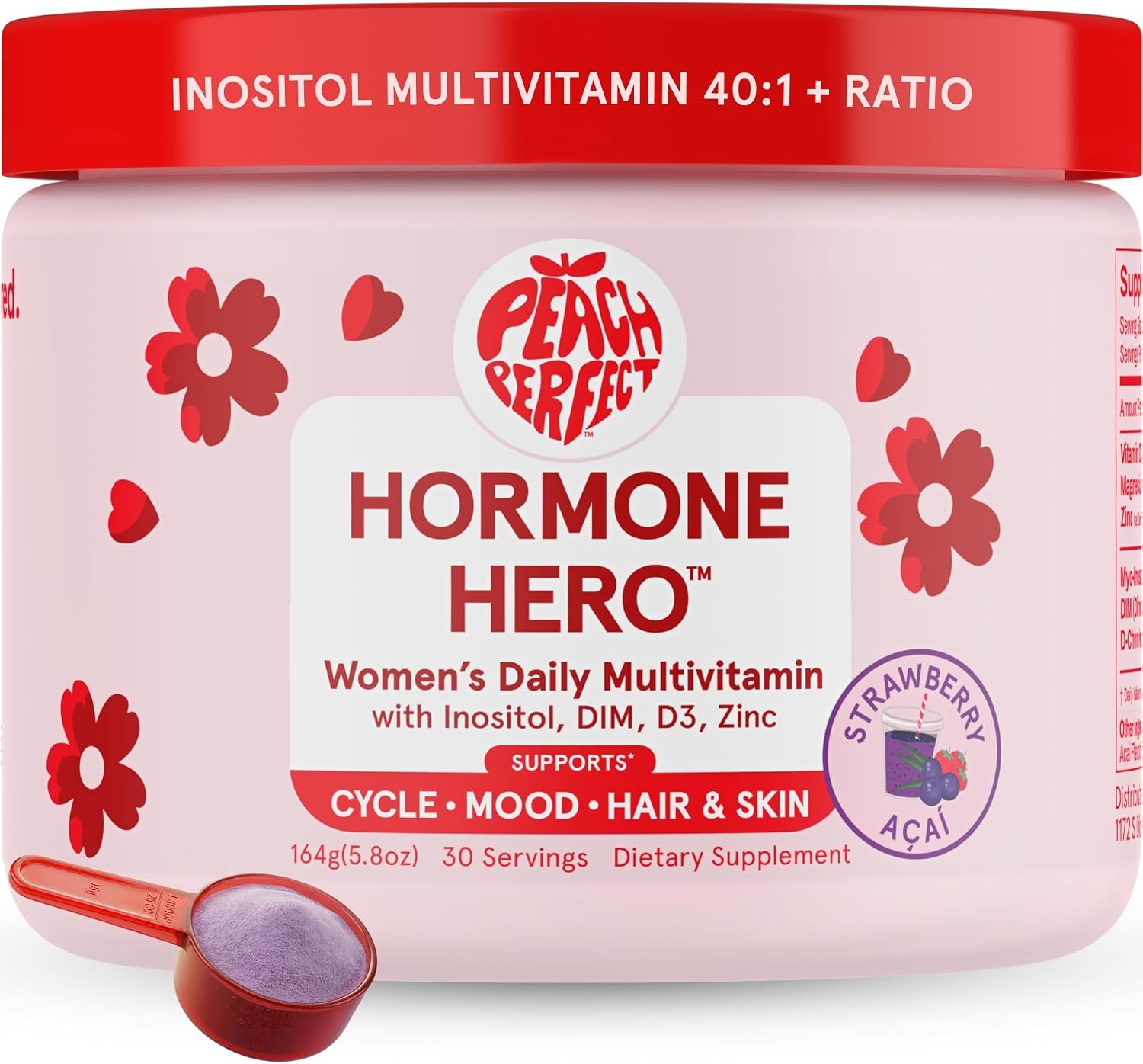 Peach Perfect Inositol Powder Multivitamin, Strawberry Acai Flavor – 4g Myo & D-Chiro Inositol, DIM, Zinc, Magnesium Glycinate, Vitamin D3 – Apoyo al Bienestar Femenino, 30 Servings