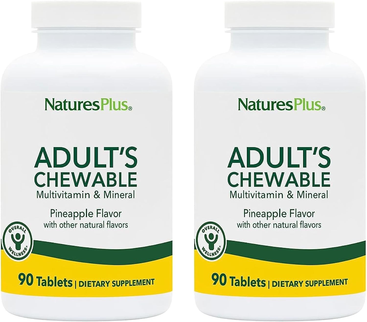 NaturesPlus Adult's Chewable Multivitamin y Mineral Sabor Piña - 90 Comprimidos (Paquete de 2) - Vegano, Sin Gluten