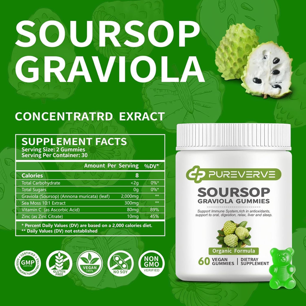 Pureverve Soursop Graviola Gummies con Musgo Marino y Zinc, Sin Azúcar, Vegano - 120 Gominolas (2 Paquete)