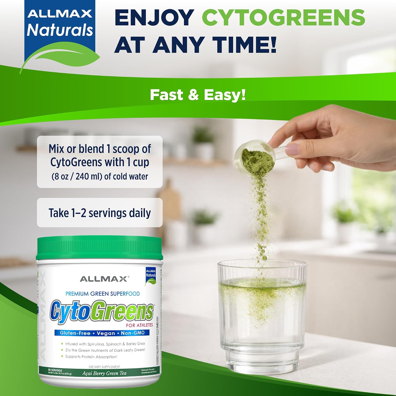 ALLMAX CytoGreens Super Greens Powder - Acai Berry Green Tea (60 porciones)
