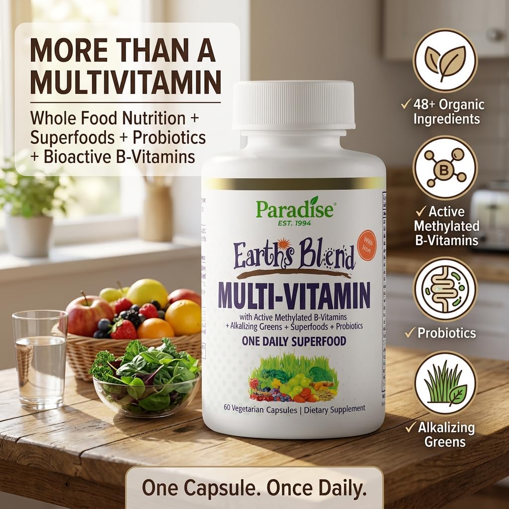 Paradise Herbs Earth's Blend Multivitamínico Diario con Hierro y 48 Superfoods Orgánicos, 60 Cápsulas