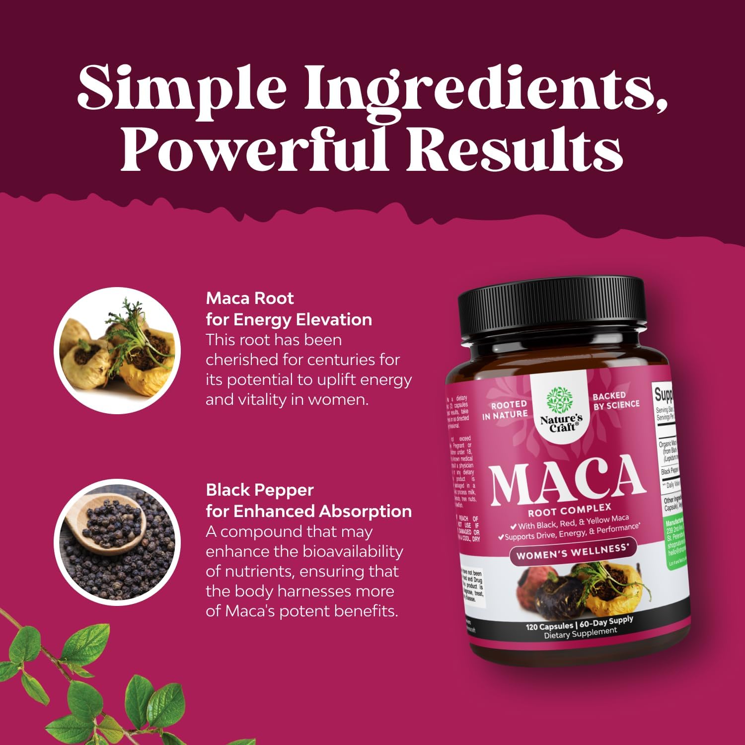 Cápsulas de Raíz de Maca para Mujeres - Mezcla de Maca Roja, Amarilla y Negra - No-GMO, Vegano y Sin Gluten - 120 Cápsulas