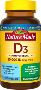 Nature Made Vitamina D3 10000 IU (250 mcg) Máxima Potencia, 60 Cápsulas Blandas