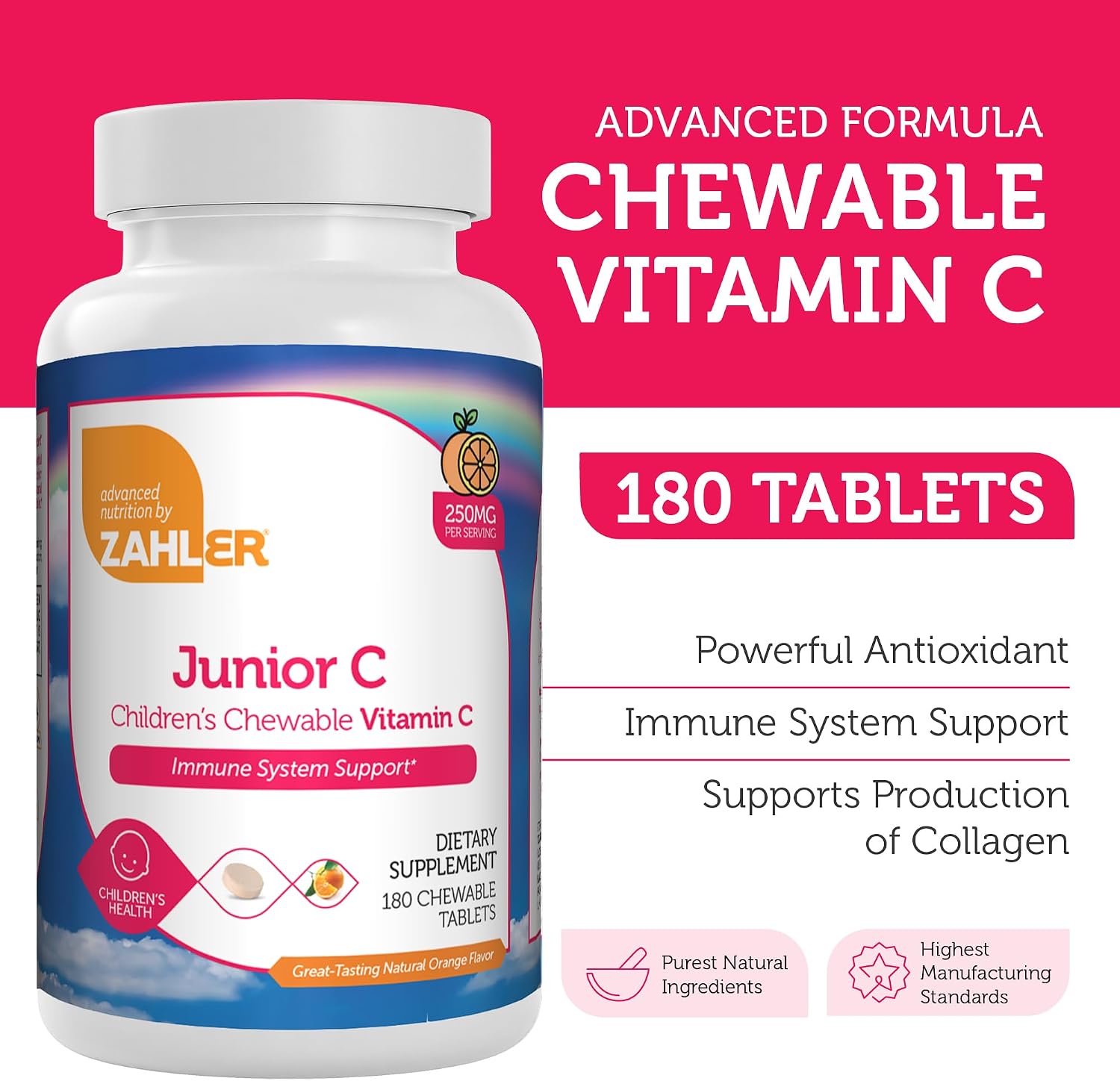 Zahler Junior C Advanced Chewable Vitamin C for Kids - Apoyo Inmunológico en Delicioso Sabor Naranja - Kosher Masticable Antioxidante - (180 Comprimidos)