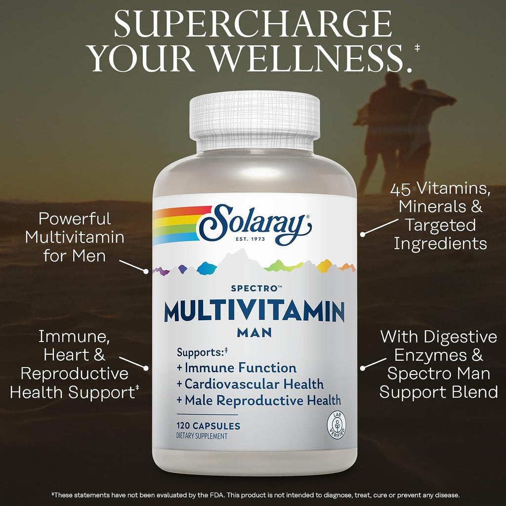 Solaray Spectro Multivitamínico para Hombres - 45 Vitaminas y Minerales con CoQ10, Zinc y Enzimas Digestivas - 30 Cápsulas