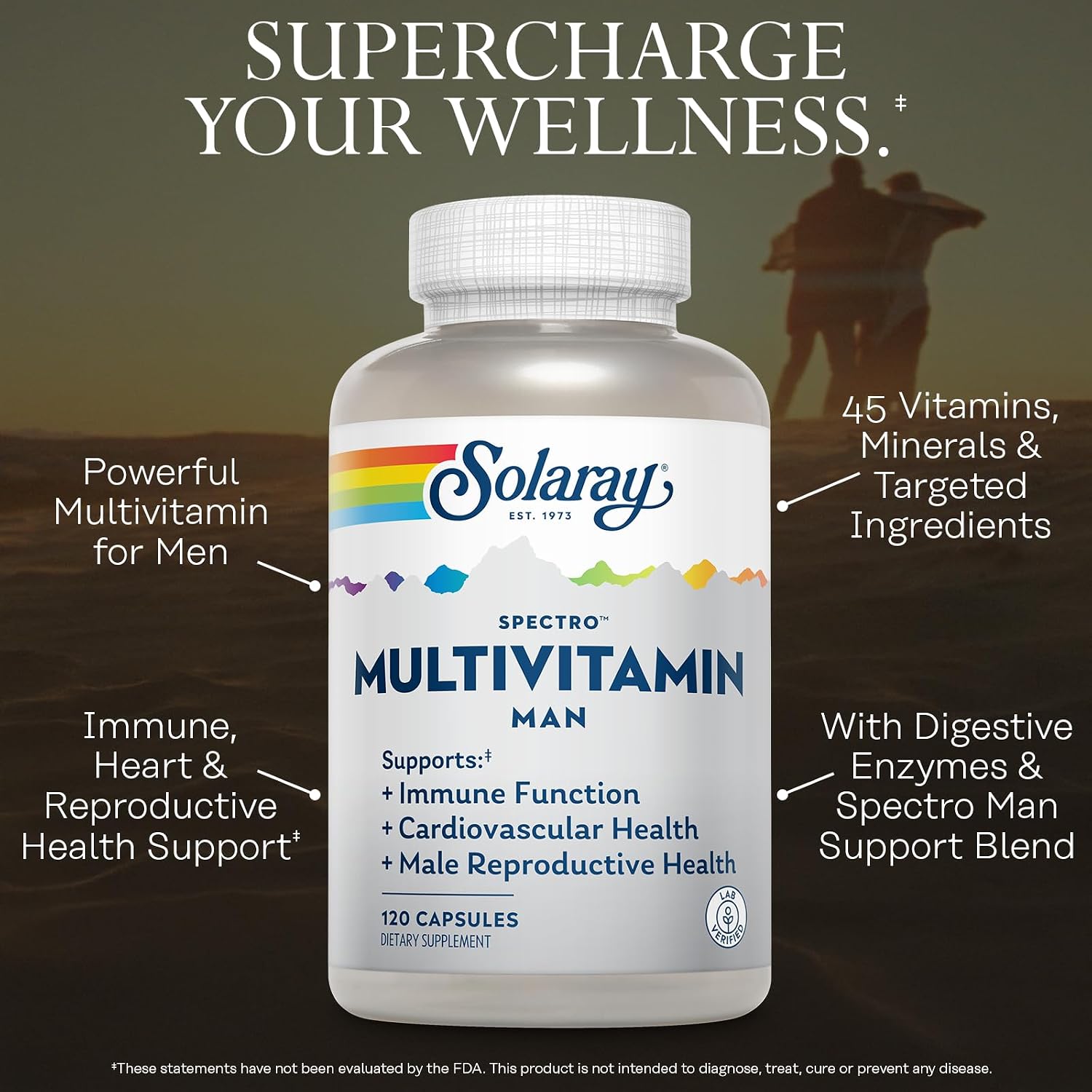 Solaray Spectro Multivitamínico para Hombres - 45 Vitaminas y Minerales con CoQ10, Zinc y Enzimas Digestivas - 30 Cápsulas