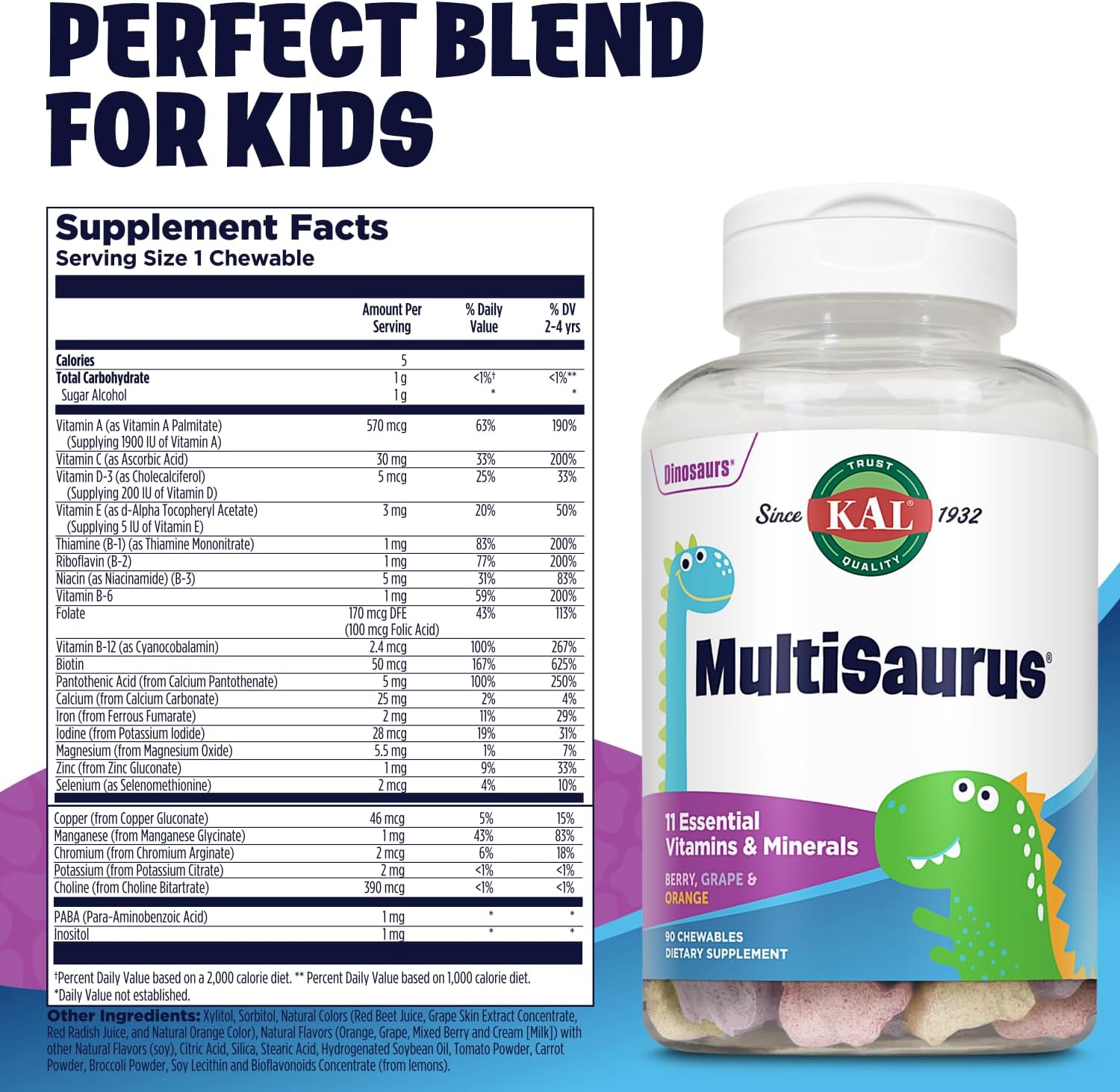 KAL MultiSaurus Multivitamínico Infantil Masticable - 90 Comprimidos con 22 Vitaminas y Minerales