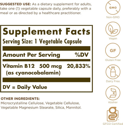 Solgar Vitamina B12 500 mcg - 100 Cápsulas – Colabora en el metabolismo energético normal. – Image 2