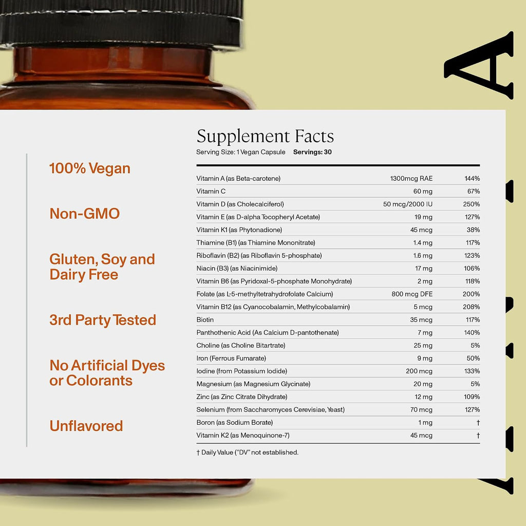ANYA Multivitamínico Postparto, Vitaminas para la Lactancia, 30 Cápsulas - Vitaminas A, C, D3, Zinc, B12, Biotina, Folato y Hierro - 100% Vegano, Sin Gluten, Sin OGM