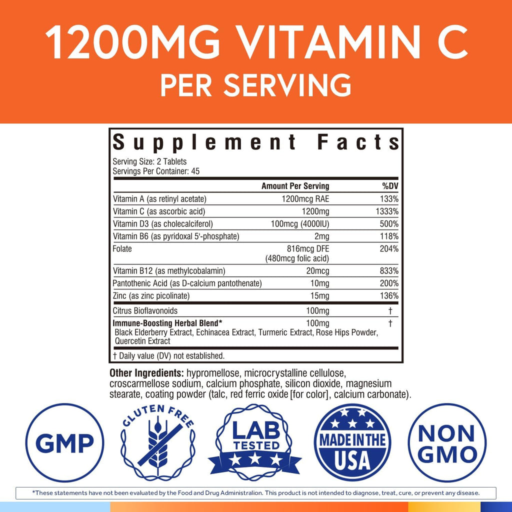 Terranics Vitamin C con Elderberry y Zinc, con Vitamina D3, A, B6, B12, Folato, Escaramujo, Bioflavonoides Cítricos, Cúrcuma, Equinácea, 14-en-1 Apoyo Inmunológico Diario, 90 Comprimidos