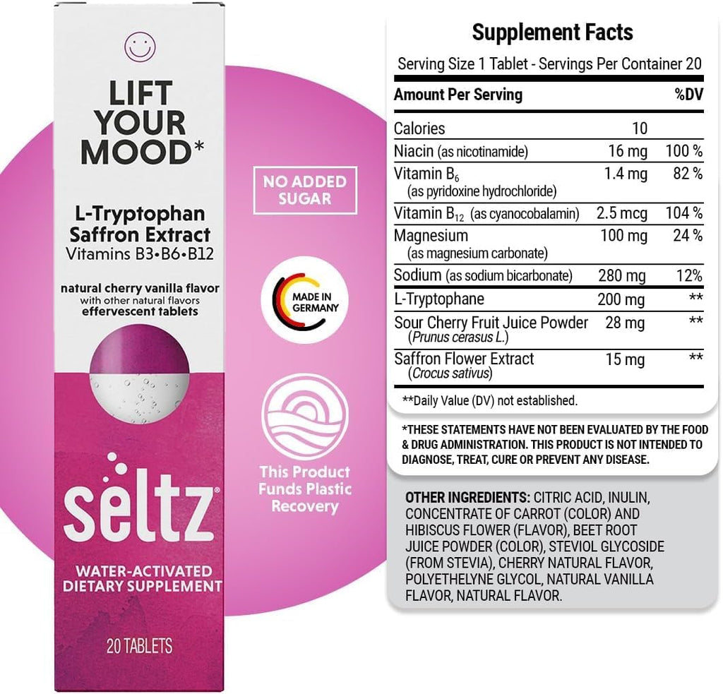 Seltz Mood Support Drink Tablets, Effervescent Tablets to Lift Your Mood, Saffron Supplement, with L-Tryptophan B3, B6, B12, Mood and Energy Support, Cherry Vanilla Flavor, 120 Tabs 6 Pack
