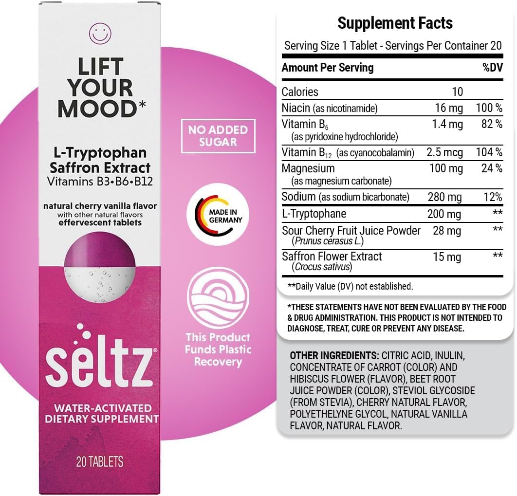 Seltz Mood Support Drink Tablets, Effervescent Tablets to Lift Your Mood, Saffron Supplement, with L-Tryptophan B3, B6, B12, Mood and Energy Support, Cherry Vanilla Flavor, 120 Tabs 6 Pack