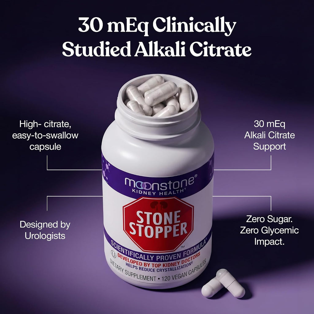 Moonstone Stone Stopper Cápsulas - Suplemento para la Prevención de Cálculos Renales con Citrato Alcalino, 360 Cápsulas (90 Días)
