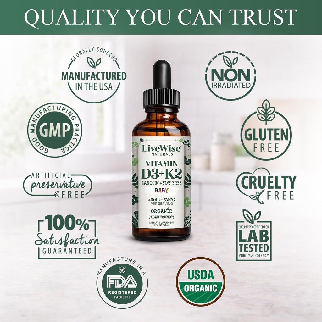 Live Wise Naturals Gotas Orgánicas de Vitamina D3 y K2 para Bebés (MK-7) - 225 Servicios