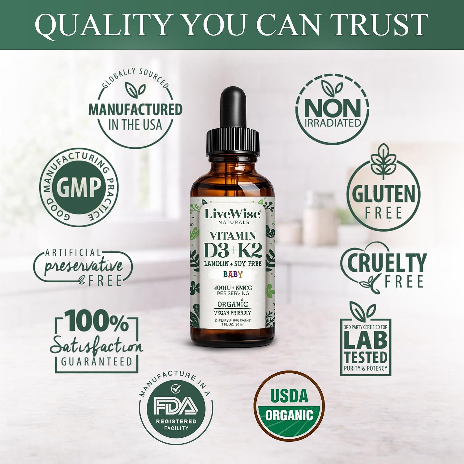 Live Wise Naturals Gotas Orgánicas de Vitamina D3 y K2 para Bebés (MK-7) - 225 Servicios