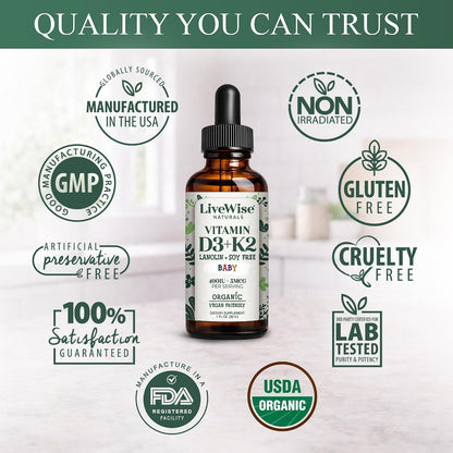Live Wise Naturals Gotas Orgánicas de Vitamina D3 y K2 para Bebés (MK-7) - 225 Servicios – Image 7