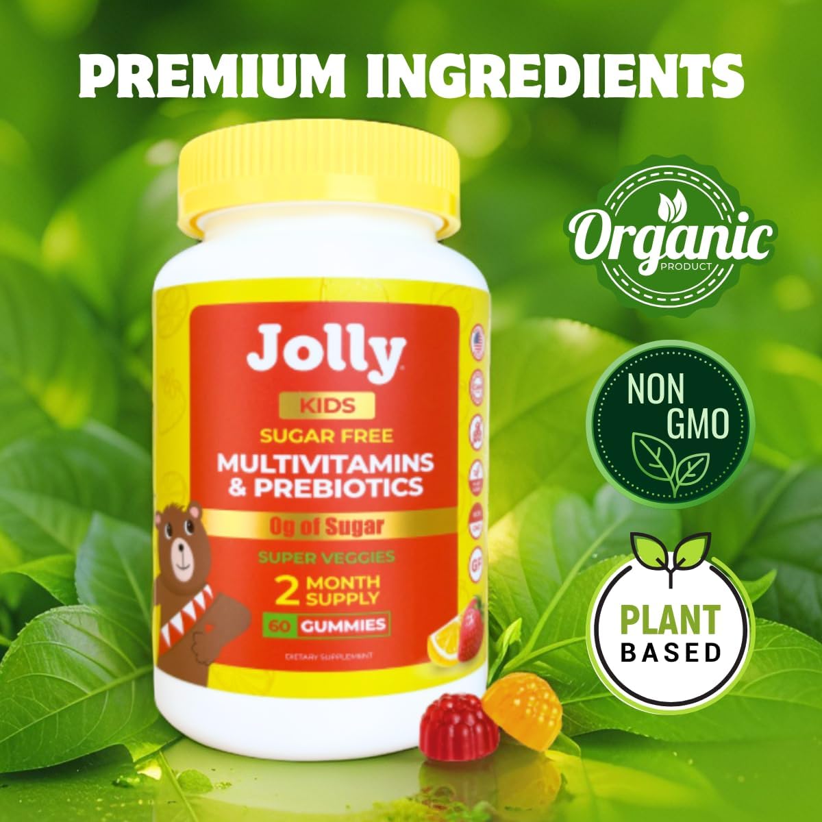 Jolly Kids Multivitamin Gummies - 60 Gominolas Multivitamínicas Sin Azúcar para Niños de 4-12 Años, con Alulosa y Prebióticos, Orgánicas, Sabor Fresa Limón