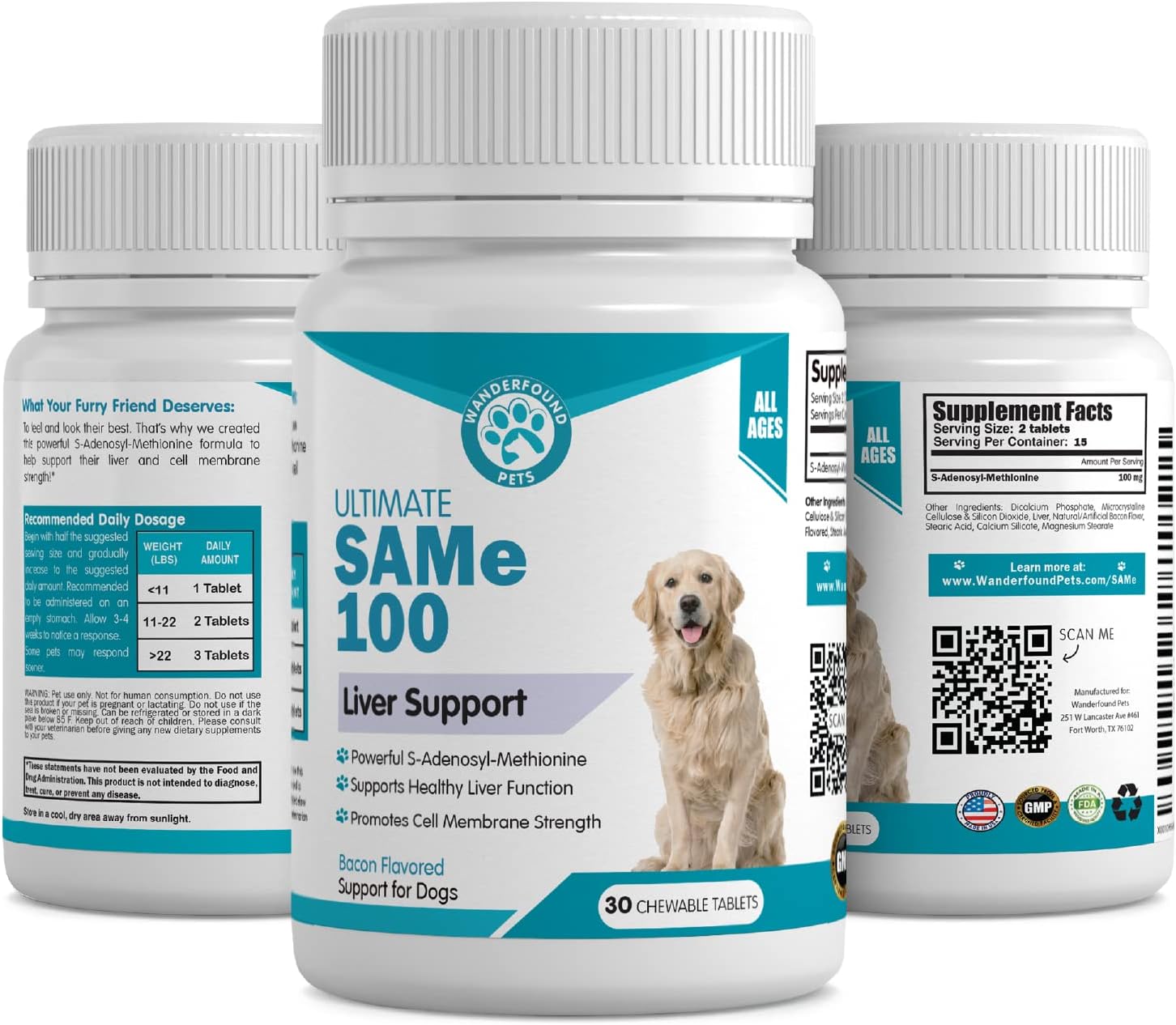 Pawsitive SAMe 100 mg para Perros – Complemento Hepático con S-Adenosilmetionina – Sabor a Bacon – 30 Comprimibles