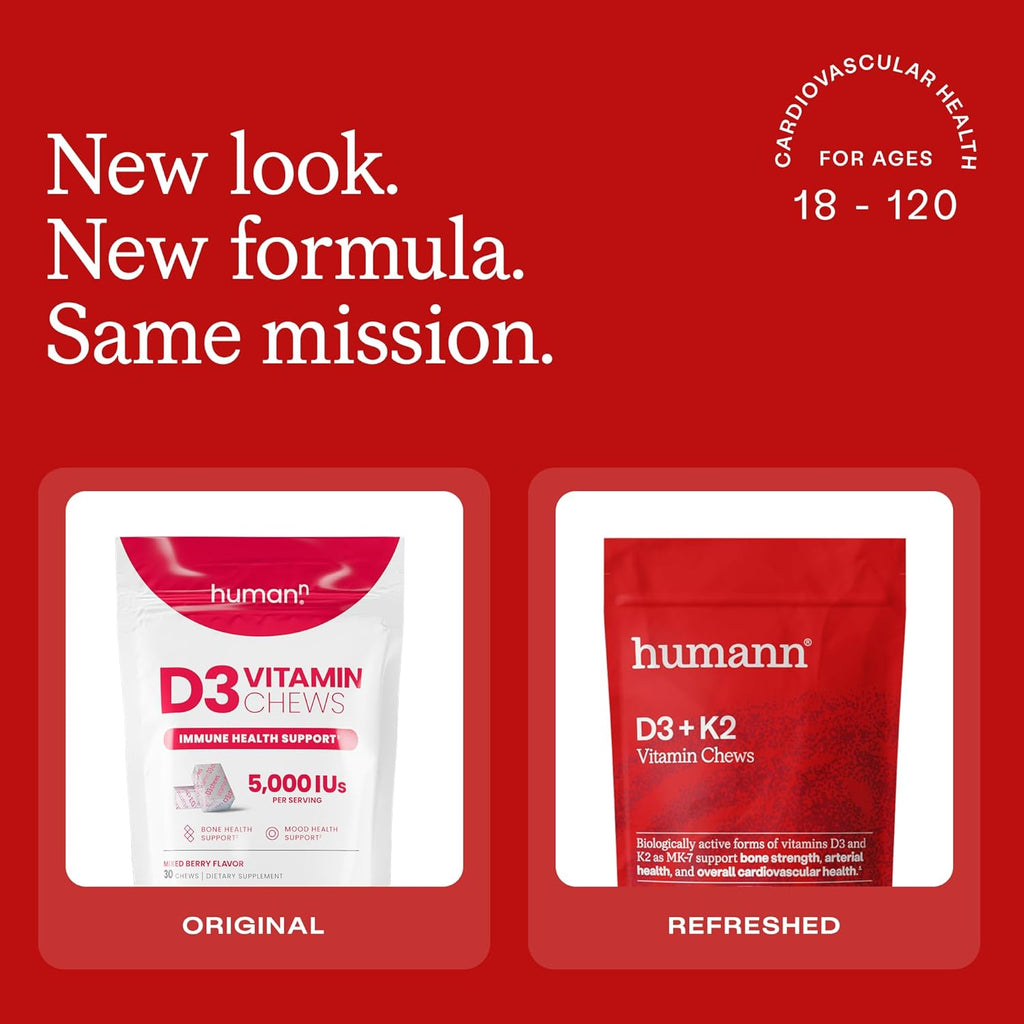 Humann Vitamina D3 + K2 Comprimidos Masticables - 5000 UI, Sabor Bayas, 30 unidades