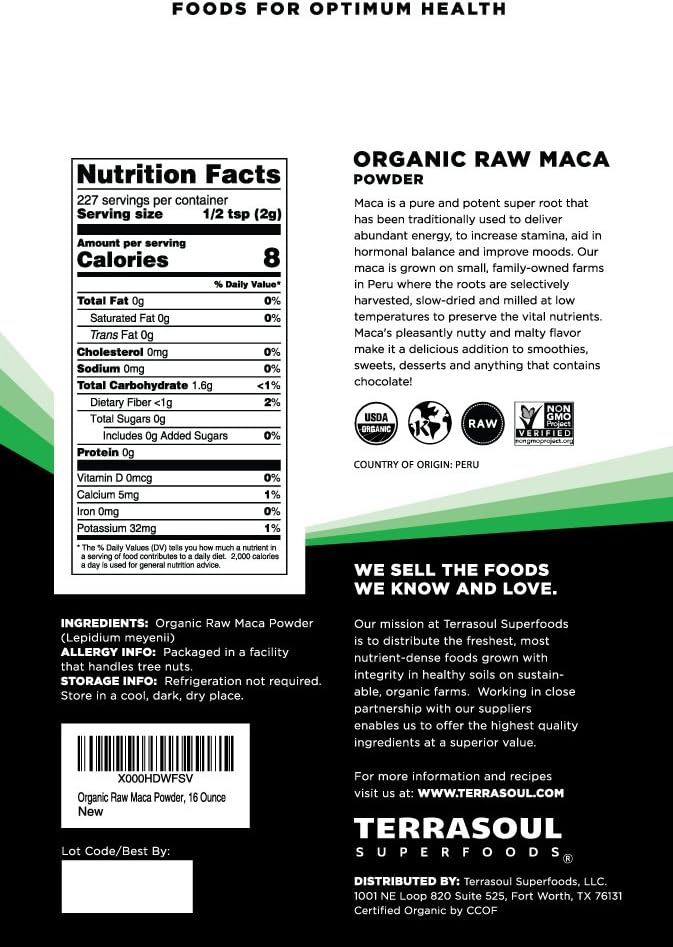 Terrasoul Superfoods Polvo de Maca Orgánica Cruda, 5 Lbs