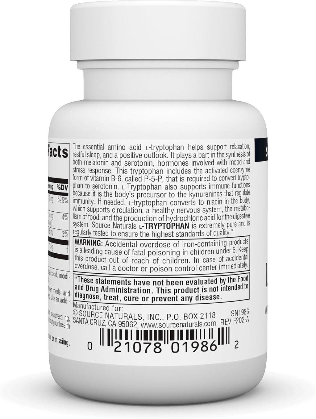 Source Naturals L-Triptófano con Vitamina B-6 500 mg - 30 Comprimidos
