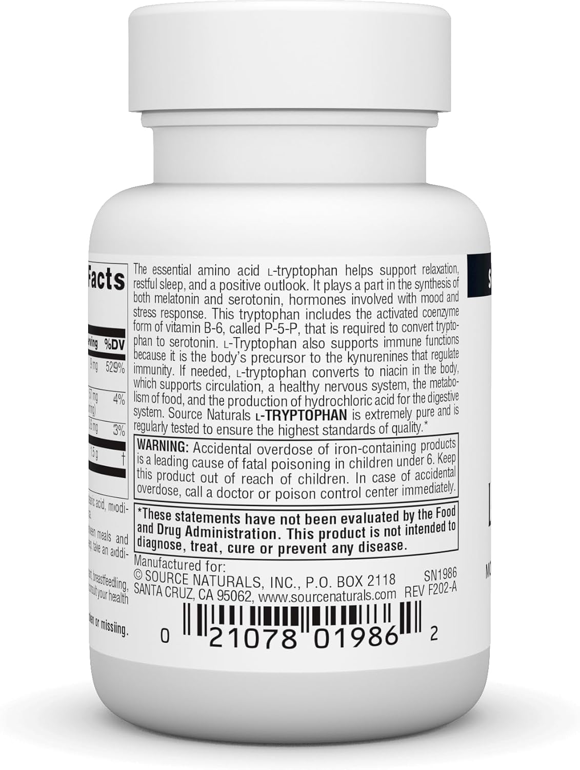 Source Naturals L-Triptófano con Vitamina B-6 500 mg - 30 Comprimidos