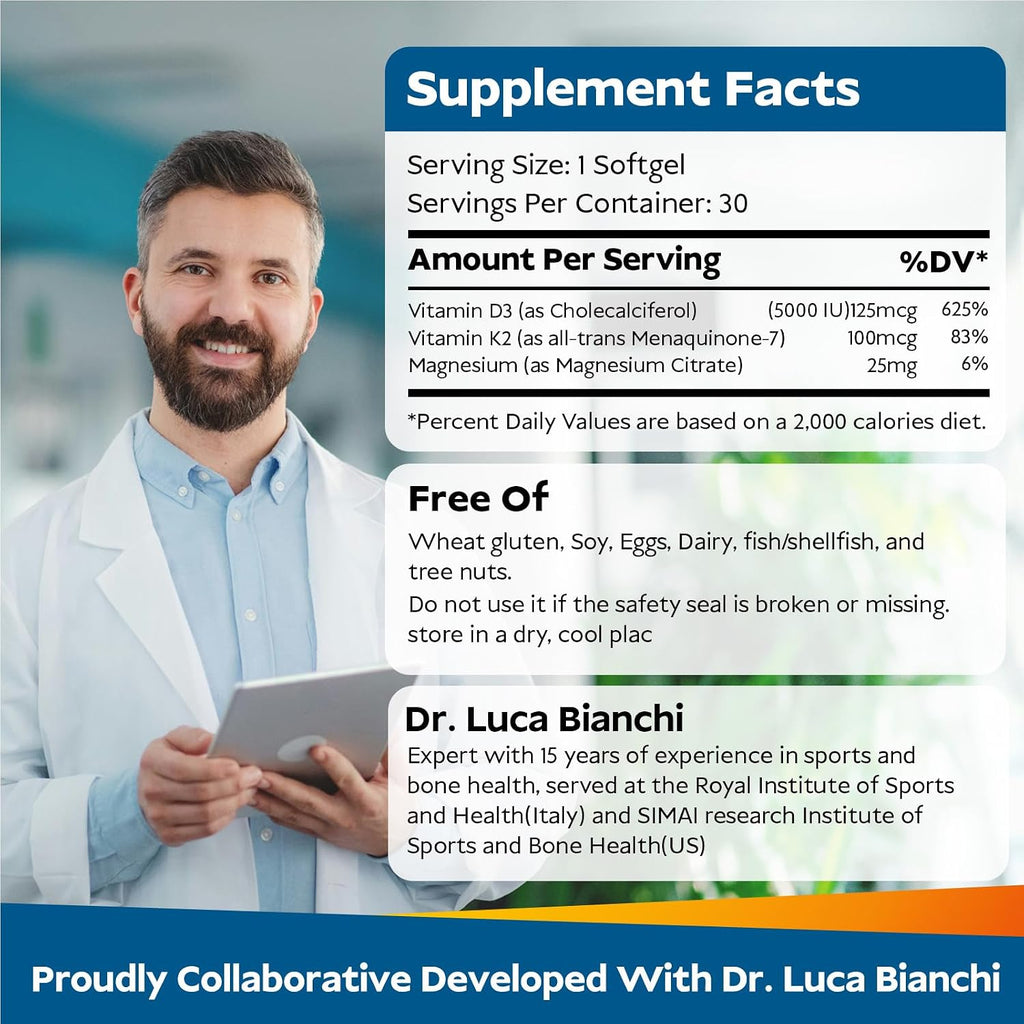 Vita Spark Vitamina D3 K2 - Suplemento Liposomal para Huesos, 5000UI D3, 100mcg K2 MK7 y Magnesio | Apoya Huesos, Dientes, Corazón, Inmunidad y Salud Vascular* (120 Mini Softgels)