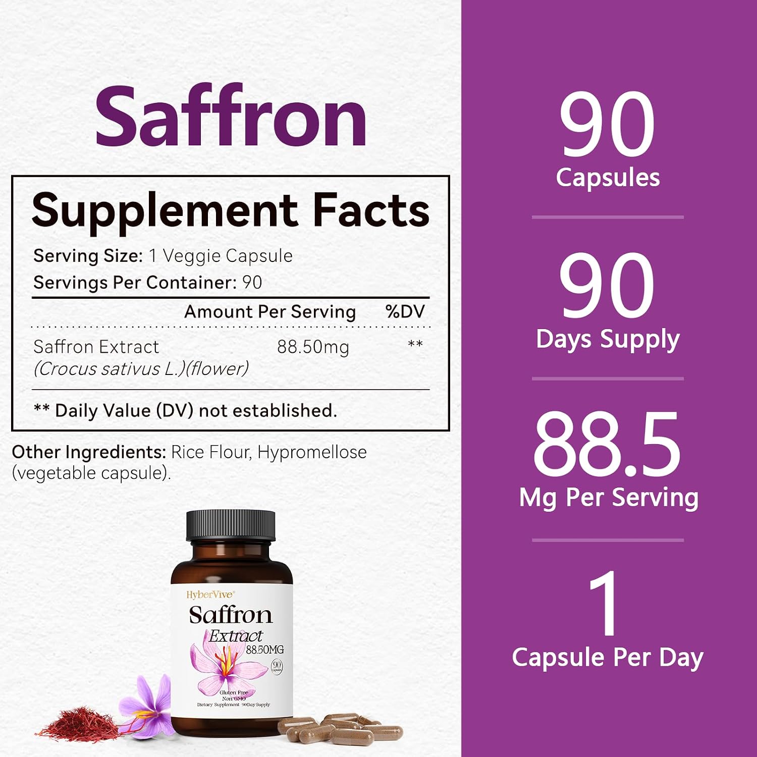 HyberVive Saffron Extract 88.5 mg - 90 Cápsulas Veganas