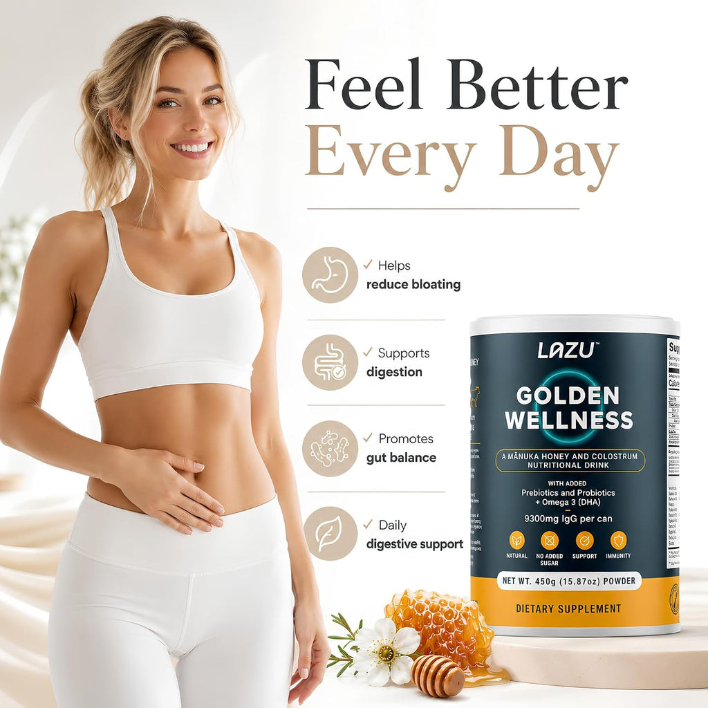Lazu Golden Wellness Colostro Bovino con Miel de Manuka, Probióticos y Omega-3 - 450g