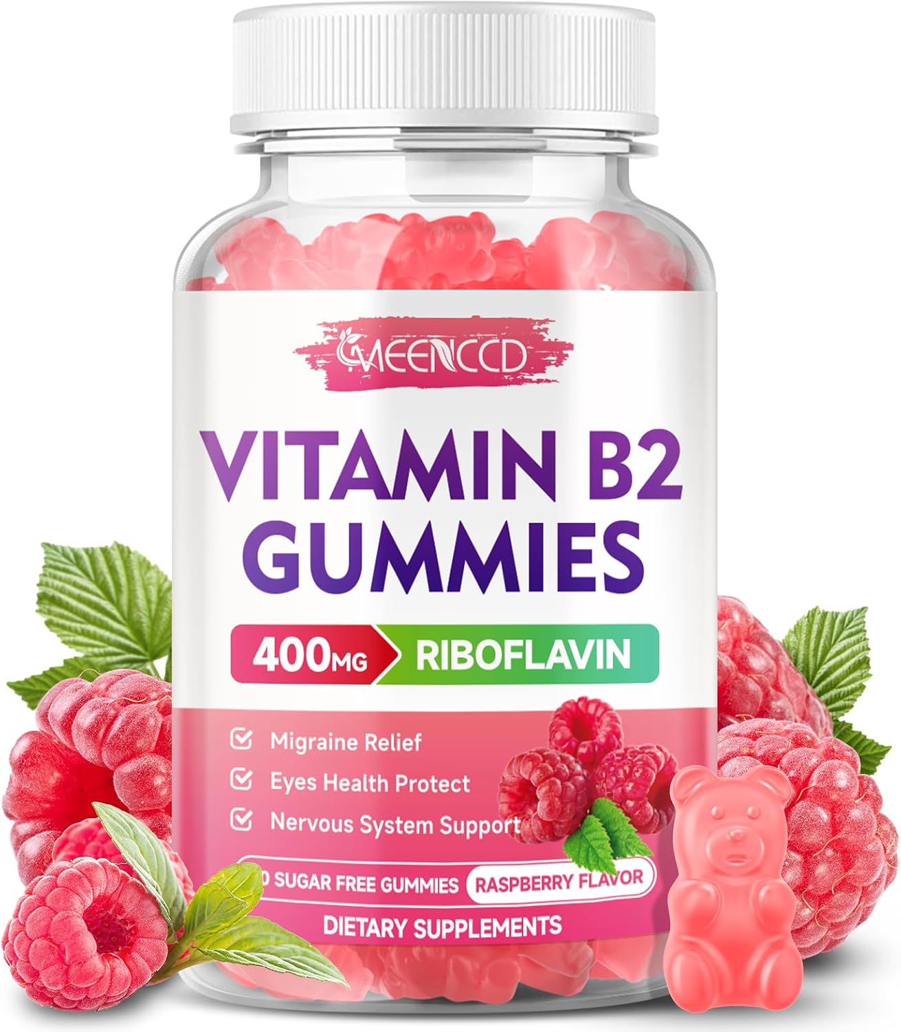Gominolas de Vitamina B2 (Riboflavina) 400 mg con Magnesio – Sin Azúcar, Veganas, Sabor Frambuesa – 60 Unidades