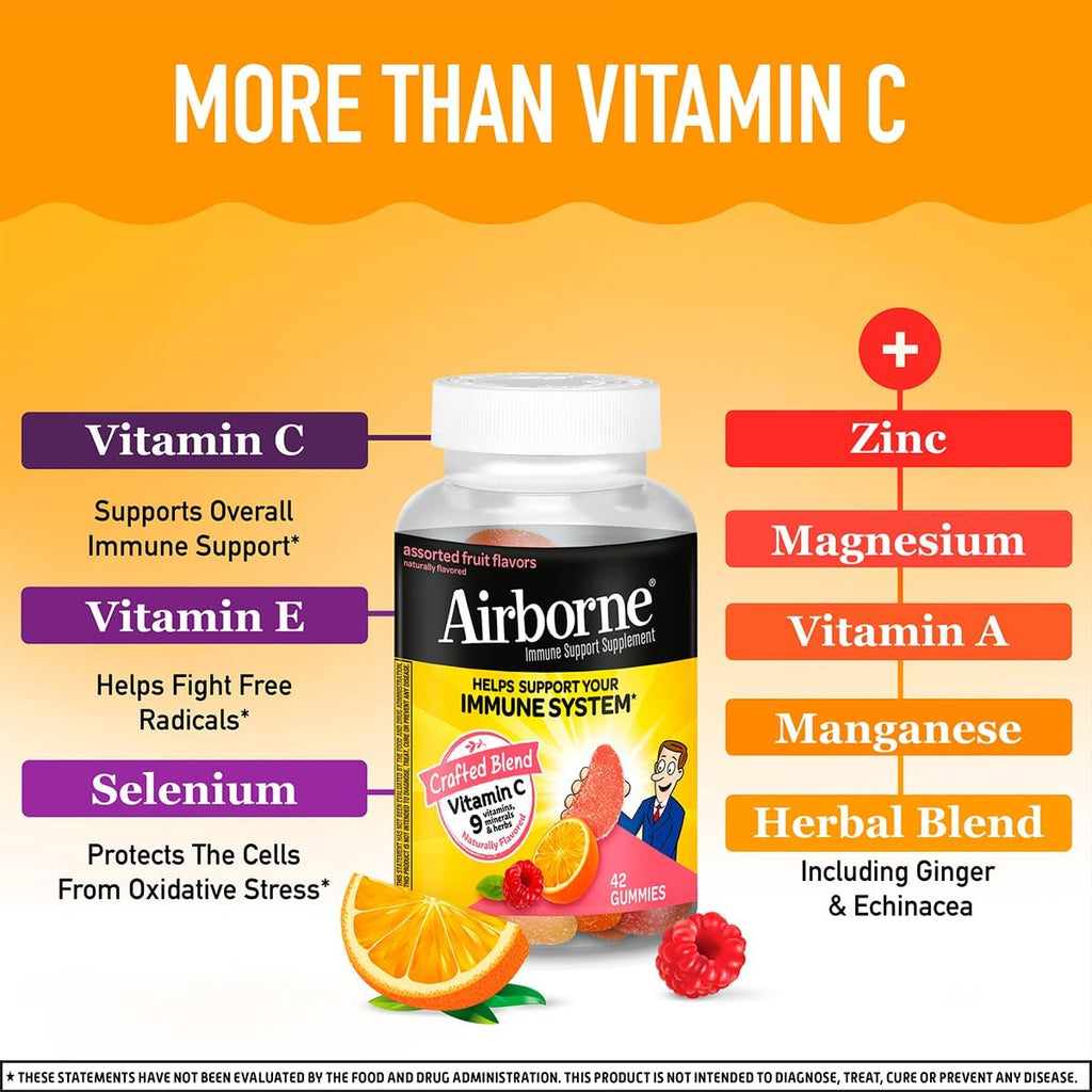 Airborne 750 mg Vitamina C Gomitas para el Apoyo Inmunológico, Sabor a Frutas Variadas, Sin Gluten, 42 Gomitas (2 Paquetes)