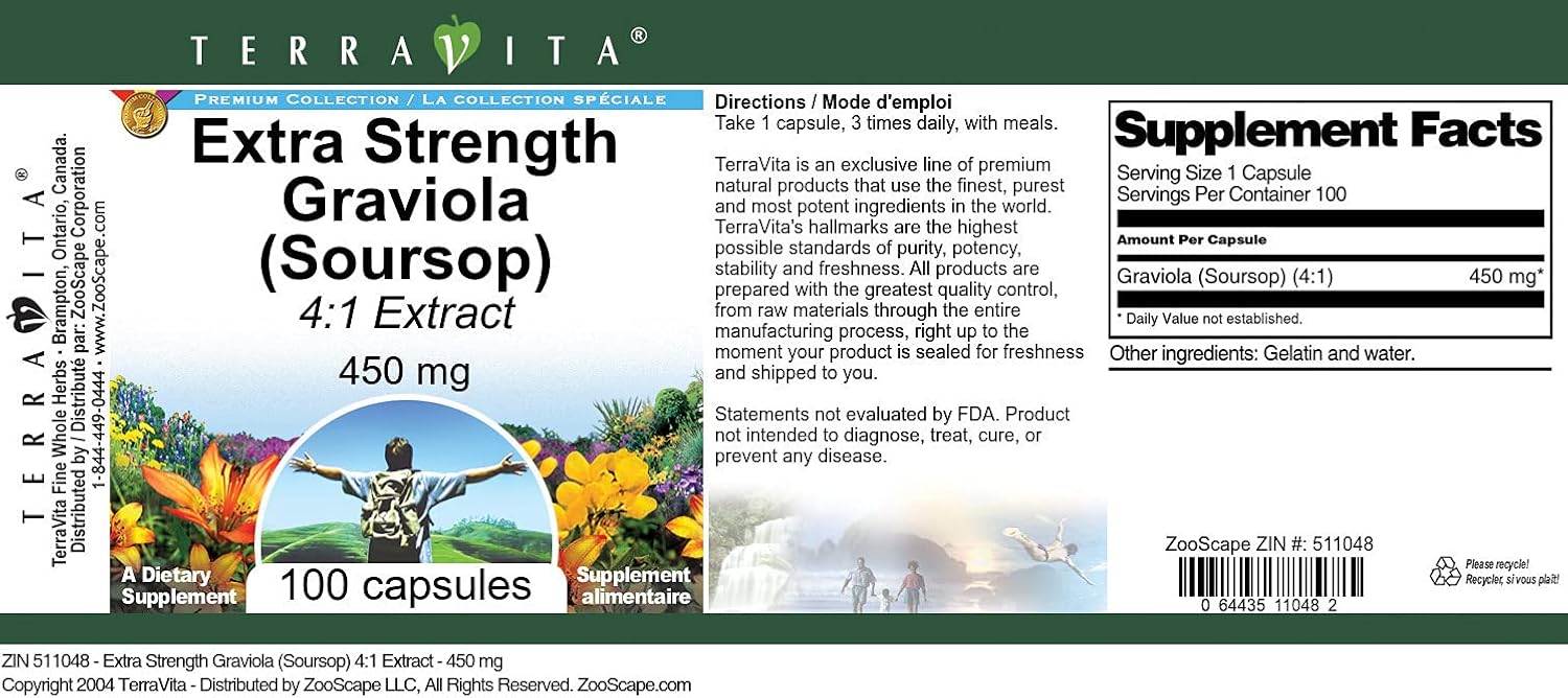 Extracto Extra Fuerte de Graviola (Soursop) 4:1 - 450 mg (100 Cápsulas)