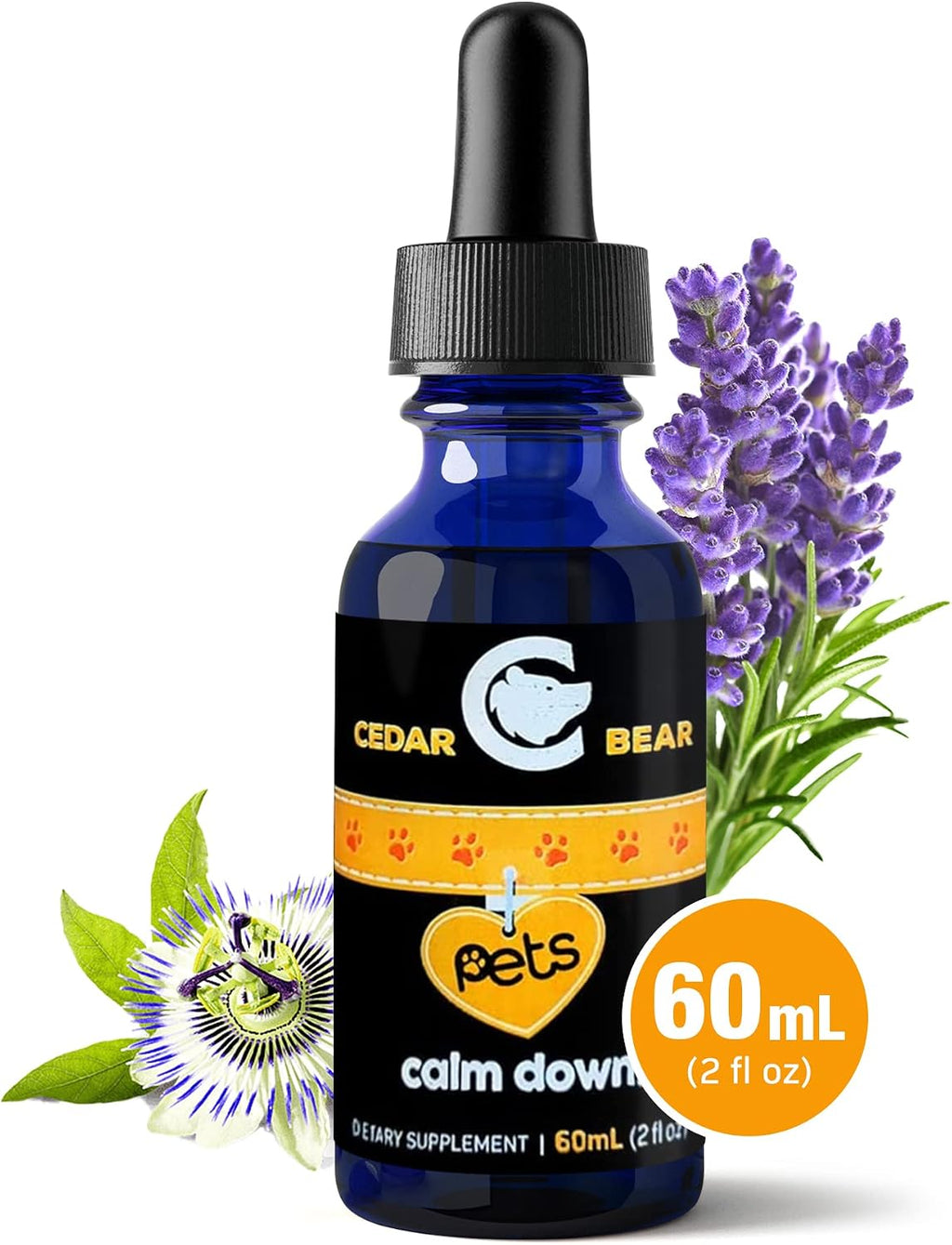 Cedar Bear Pet's Calm Down - Suplemento Herbal Natural para Alivio del Estrés en Gatos, Perros, Aves y Mascotas Exóticas, 60 ml