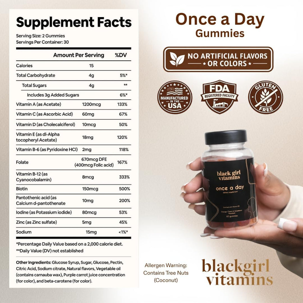 Black Girl Vitamins Once a Day - Multivitamínico en gominolas para mujeres - Vitaminas A, B, C, E y Zinc - Vegano, Sin Gluten - 30 Días (Fresa)
