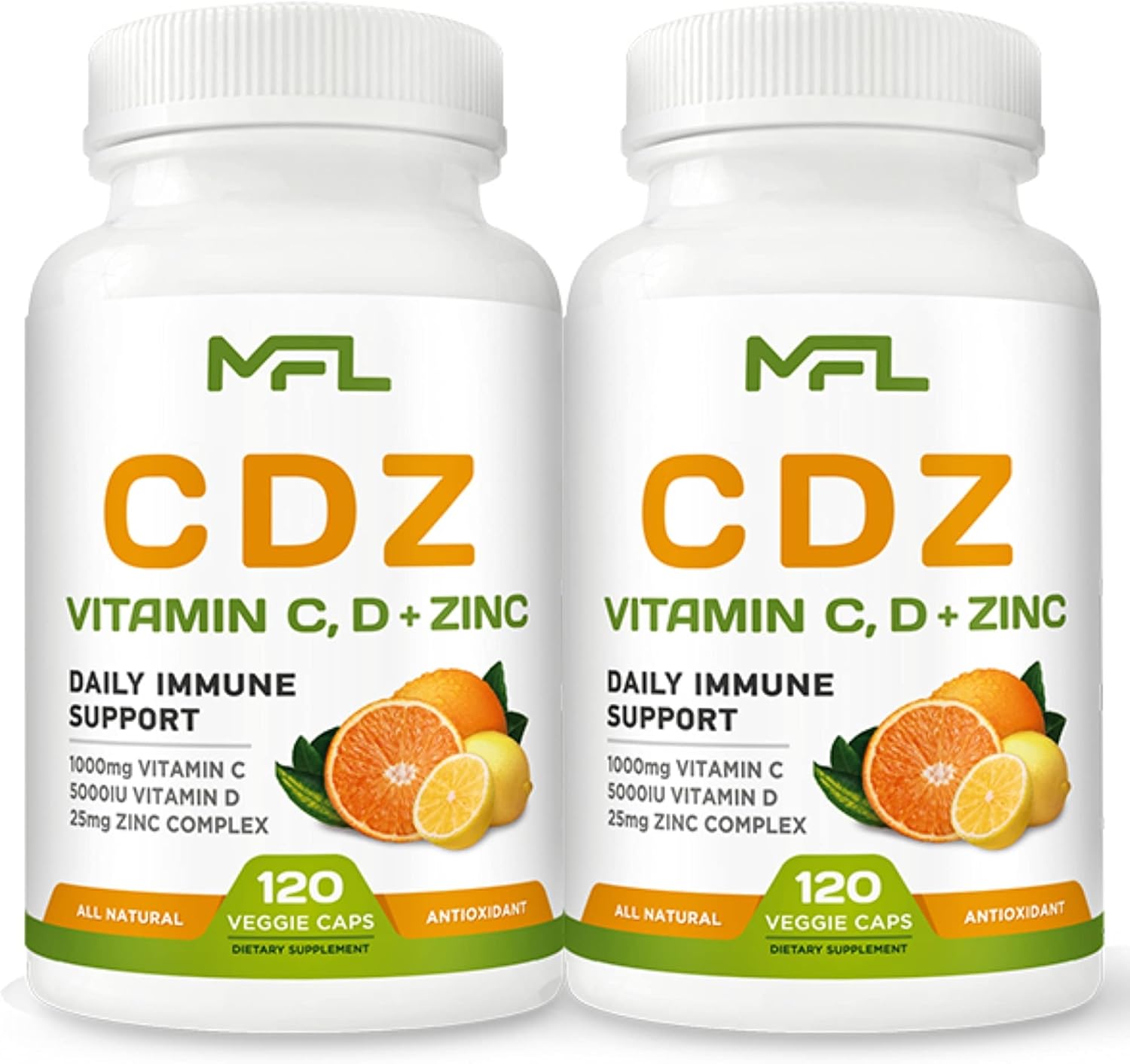 MUSCLE FOOD LABS C D Z | Vitamina C (1000mg), Vitamina D3 (125mcg), Zinc (25mg) + Bioflavonoides - 240 Cápsulas Vegetarianas (2 Envases)