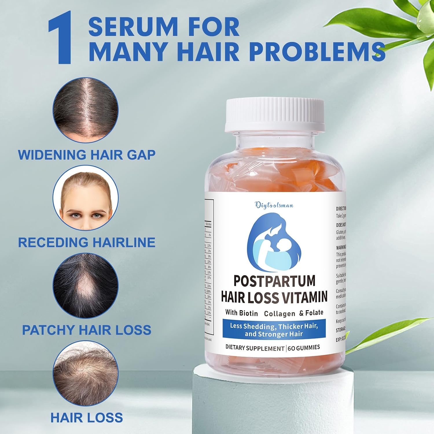 Vitaminas para la caída del cabello postparto, Gominolas veganas con biotina, colágeno y folato, 60 gominolas