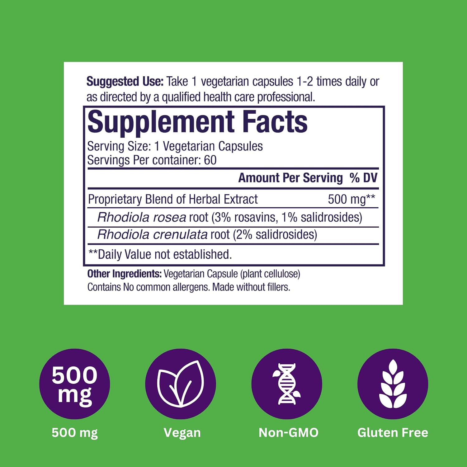Paradise Herbs Rhodiola Extract 500mg, 60 Cápsulas Vegetales
