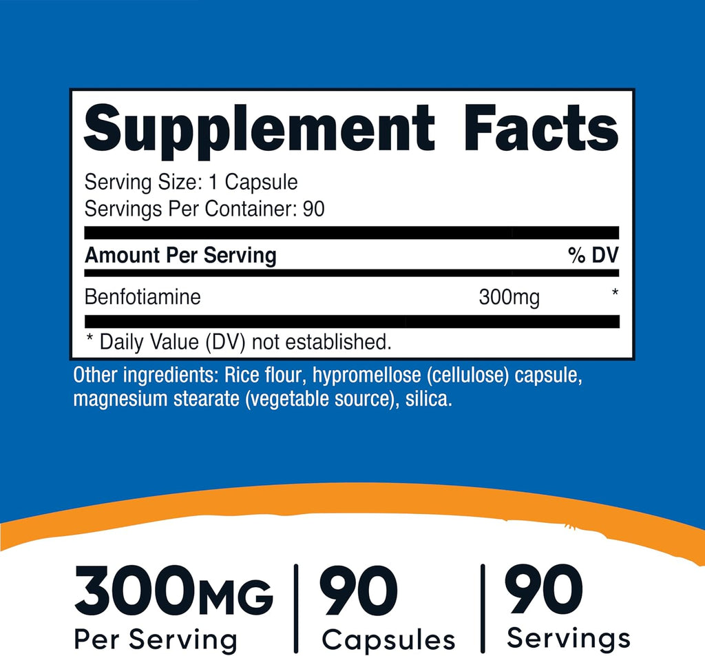 Nutricost Benfotiamina 300mg, 90 Cápsulas - Vitamina B1 Liposoluble Sin Gluten, No GMO, Vegetariano