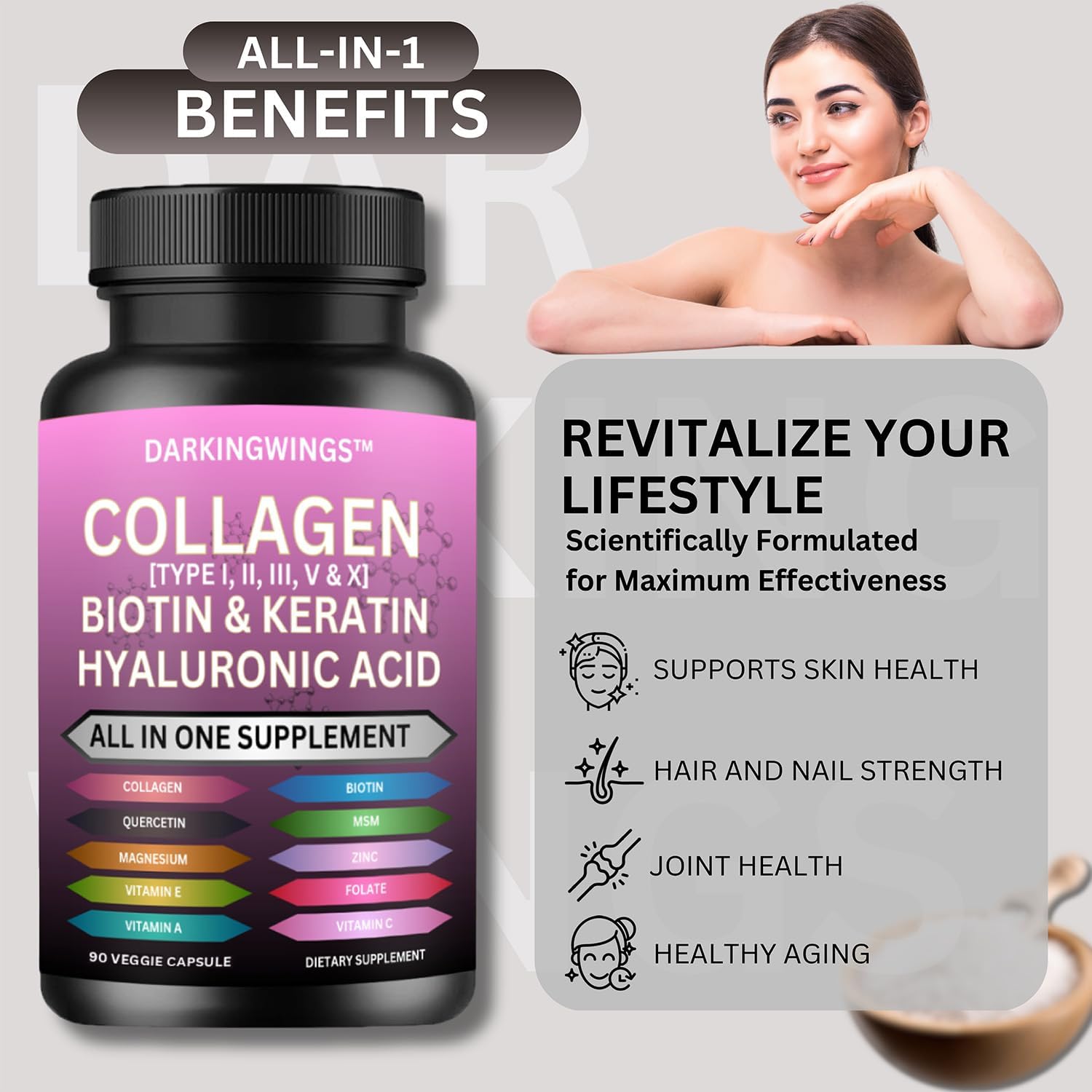 Darkingwings Multi Collagen Pills - Complejo de Colágeno con Biotina, Keratina y Ácido Hialurónico