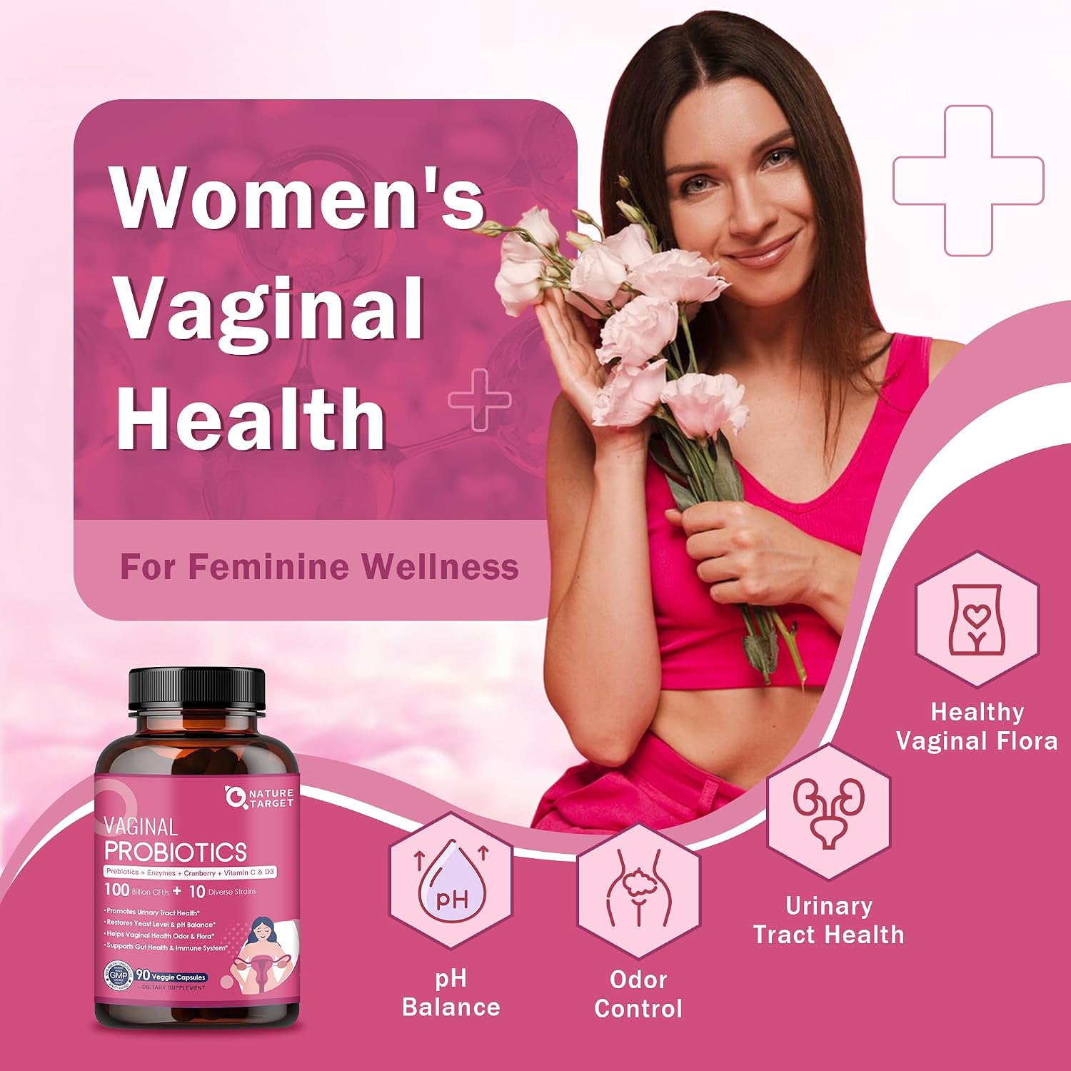 Nature Target Probióticos Vaginales para Mujeres, 100 Mil Millones UFC con Prebióticos, Enzimas Digestivas, Arándano Rojo y D-Mannose - Apoyo al pH y Salud Urinaria - 90 Cápsulas