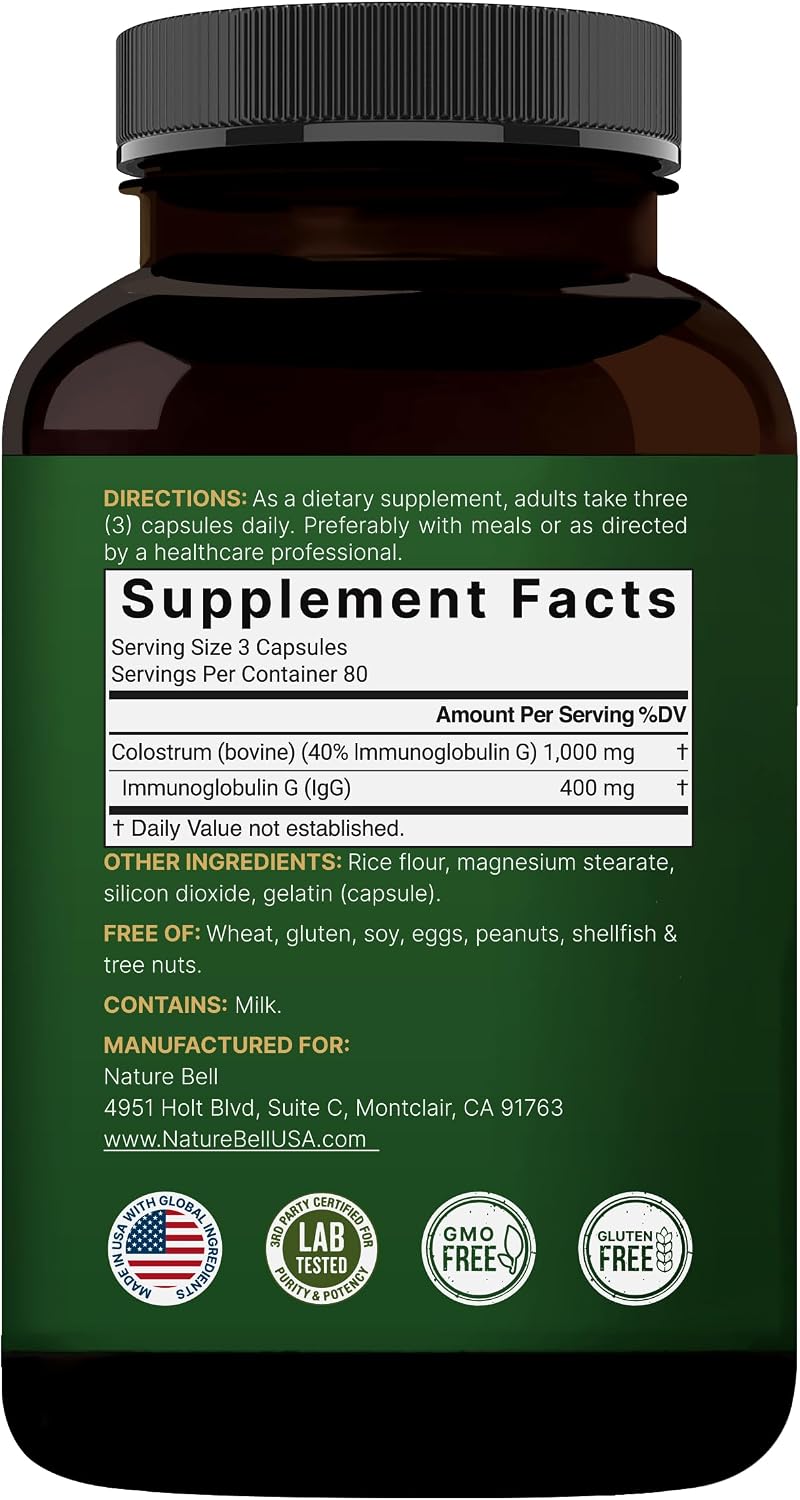 NatureBell Calostro Bovino 1000mg por Dosis, 240 Cápsulas | 40% IgG - Sin OGM