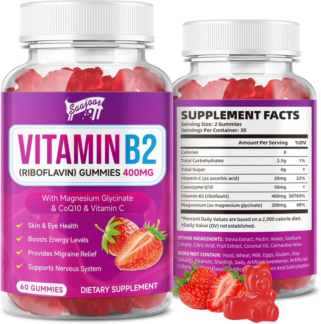 Gominolas de Vitamina B2 - Riboflavina 400 mg con Magnesio y CoQ10 - Sabor Fresa, 60 gominolas