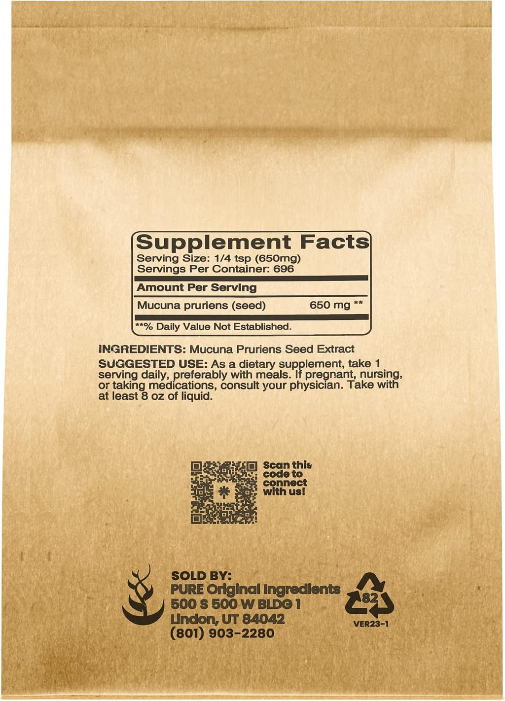 PURE ORIGINAL INGREDIENTS Mucuna Pruriens en Polvo (1 lb) Puro y Natural, No OGM, Sin Gluten