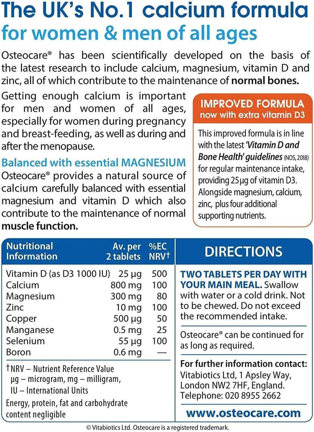 Vitabiotics Osteocare Calcio 800mg con Vitamina D3, Magnesio y Zinc - Suplemento Multivitamínico para la Salud Ósea e Inmunidad - 90 Comprimidos
