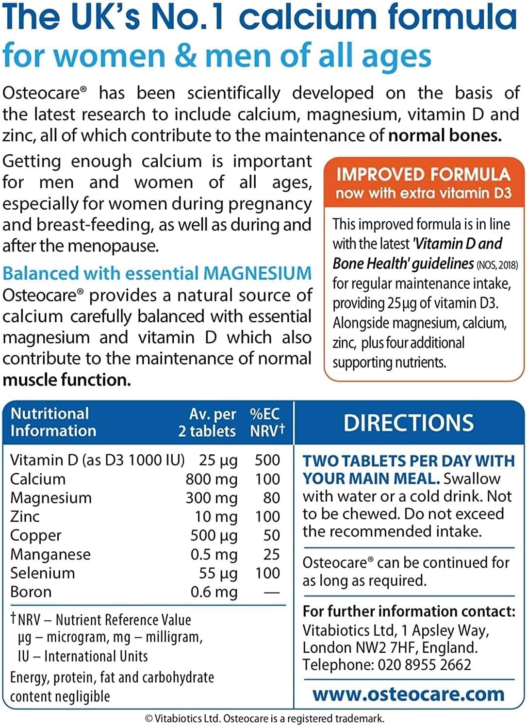 Vitabiotics Osteocare Calcio 800mg con Vitamina D3, Magnesio y Zinc - Suplemento Multivitamínico para la Salud Ósea e Inmunidad - 90 Comprimidos