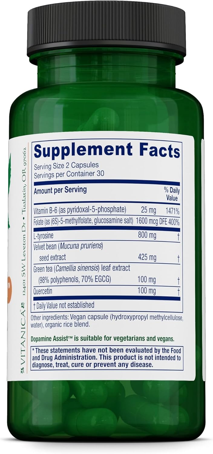 Vitanica Dopamine Assist - Suplemento para apoyo de neurotransmisores con tirosina y vitamina B6 - 60 cápsulas veganas