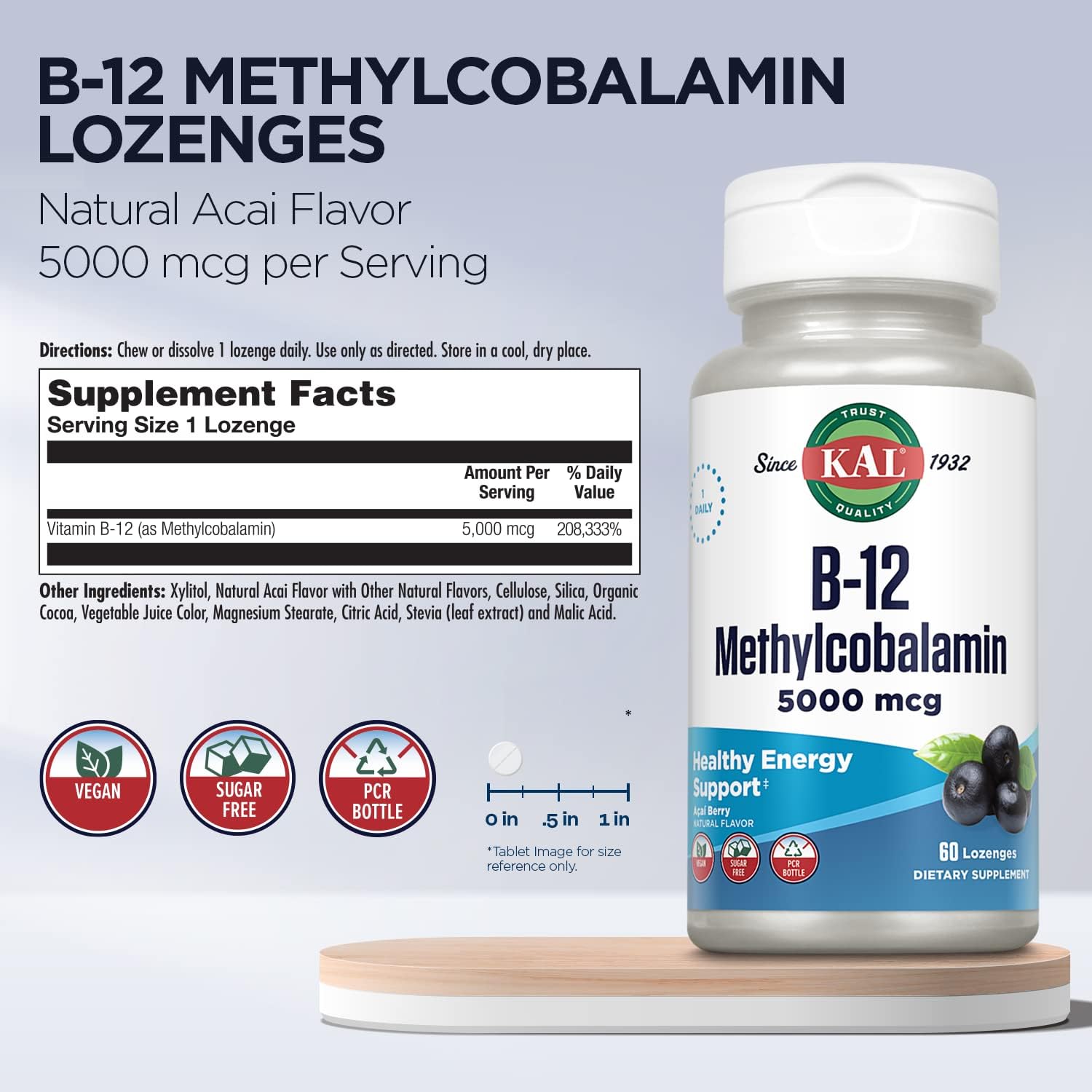 KAL Vitamina B12 Metilcobalamina 5000 mcg - 60 Pastillas Chupables Sabor Acai, Vegano, Sin Azúcar