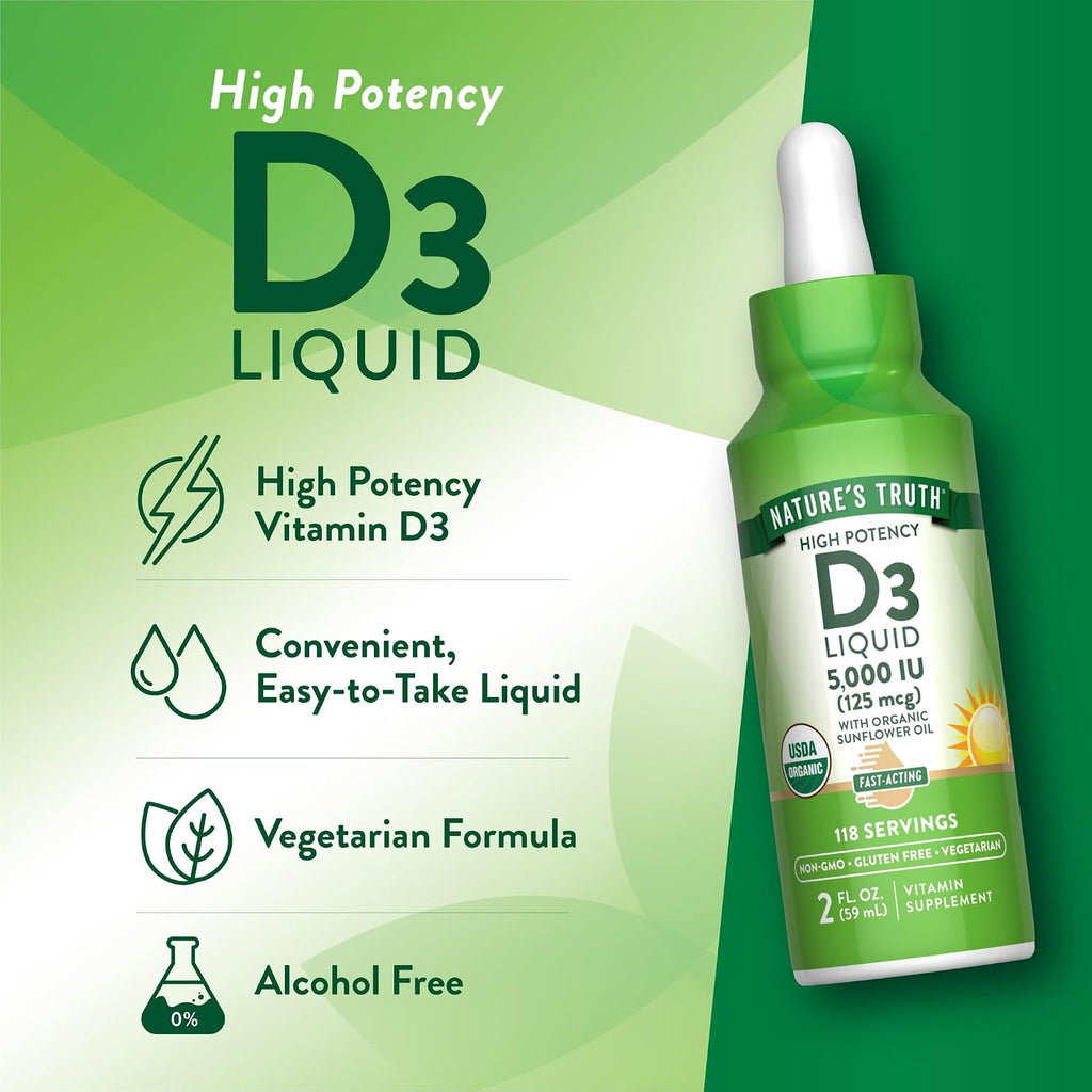 Nature's Truth Vitamina D3 Líquida | 5000 UI | 60 ml | Orgánico USDA y Sin Gluten
