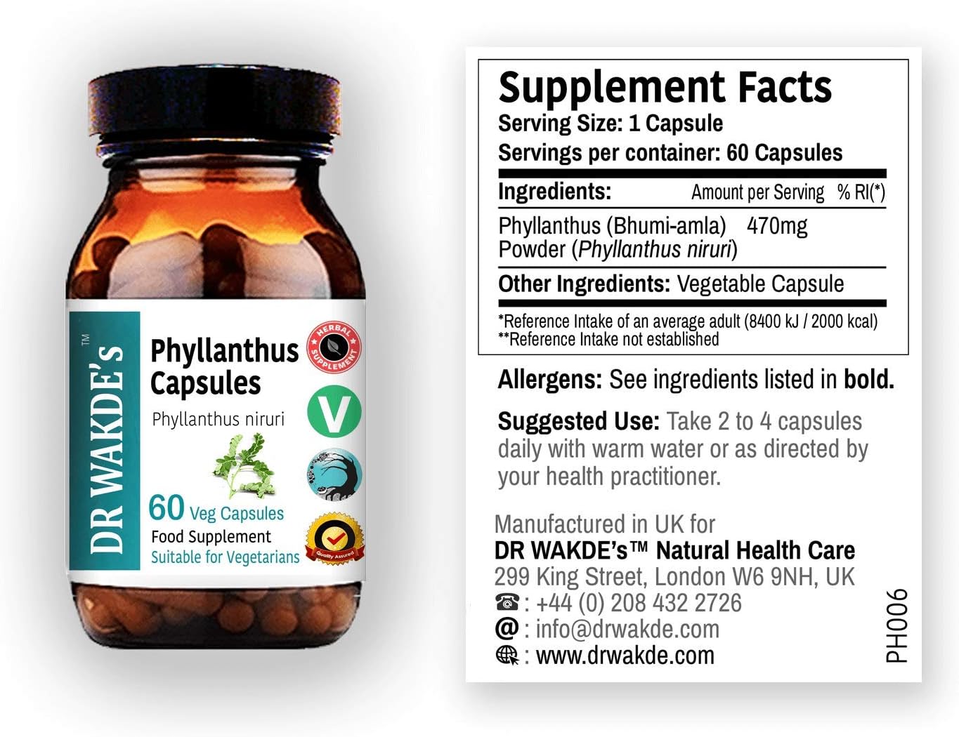 DR WAKDE's Cápsulas de Phyllanthus (Bhumi-amla/Bhumyamalaki) - 100% Herbal - 60 Cápsulas Veganas - Suplemento Ayurvédico